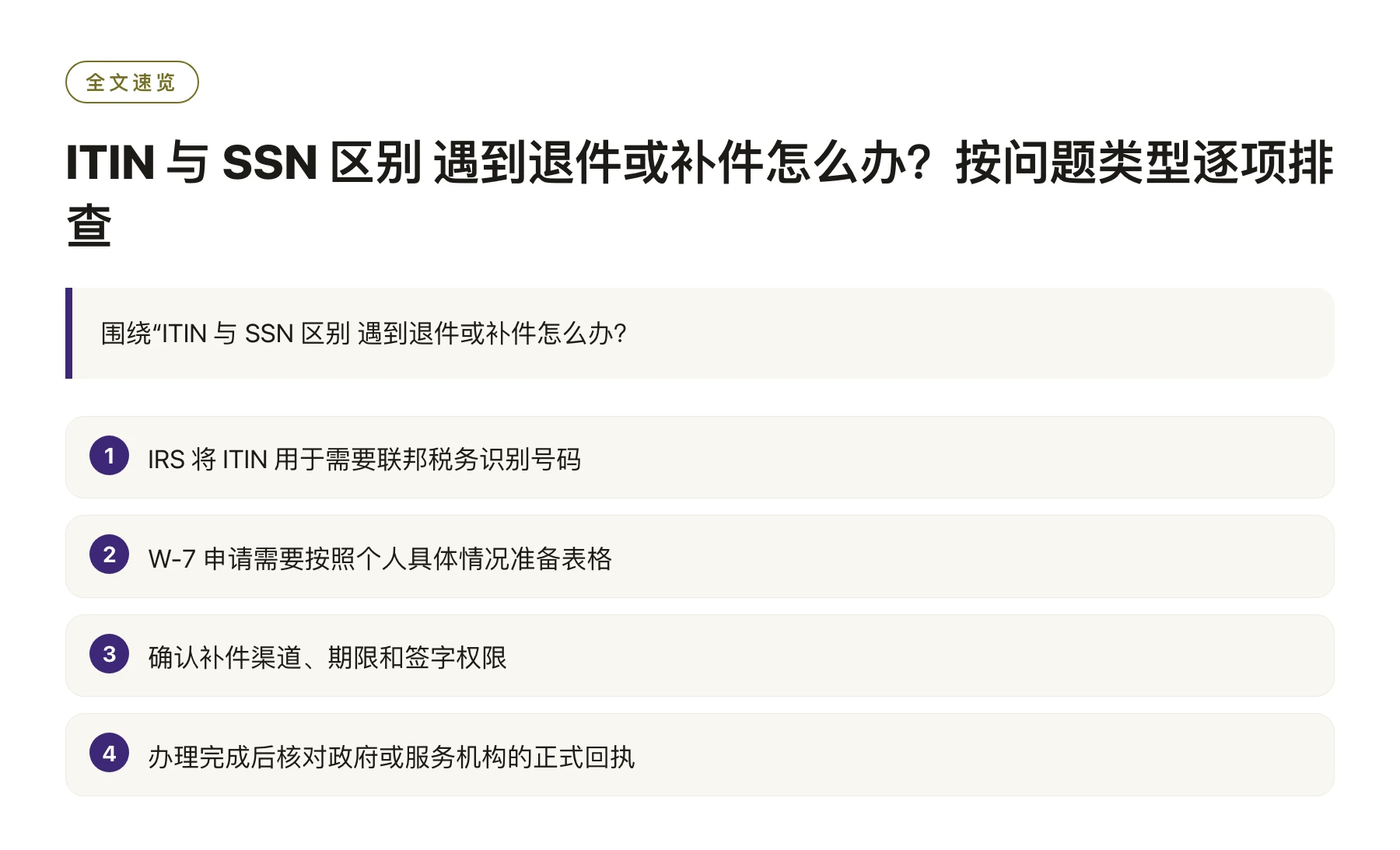 ITIN 与 SSN 区别 遇到退件或补件怎么办？按问题类型逐项排查——全文要点速览